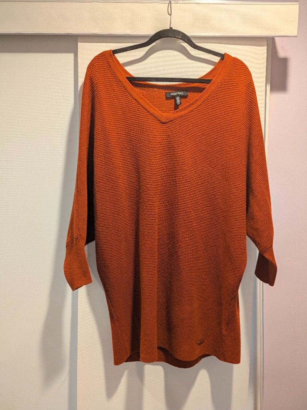 Rust Orange Ribbed V-Neck Tunic Top, Ellen Tracy